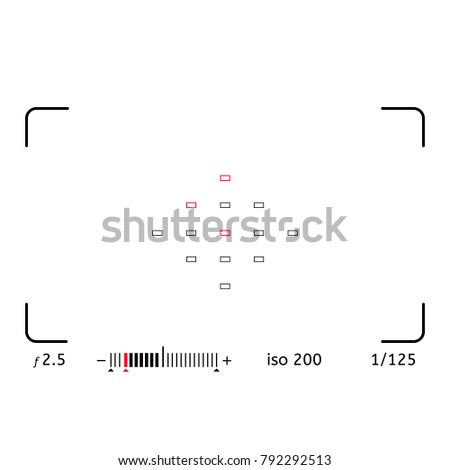 Photo or video camera viewfinder grid with many shooting settings on screen like AF dot, exposure and camera options. Recording led blinked. Realistic corner fall off.