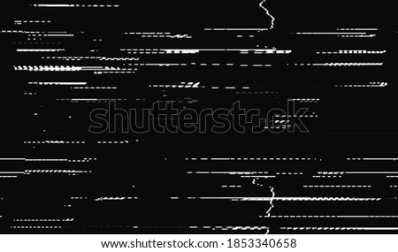 A static image of digital television broadcast distortion. White digital noise on a dark background. Abstract glitch texture background. Vector illustration.