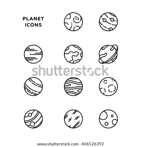 Planet icon set, outlines, in black