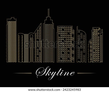 Multipurpose luxury golden color city skyline outline dot icons logo design template. Vector illustration with black background.