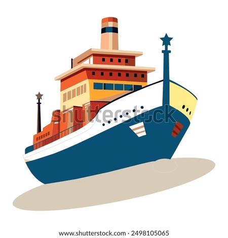 Vector illustration with a dry-cargo ship at sea, ocean. Commerce shipping, delivery of goods. Cartoon bulk-carrier on mountain background. Nautical boat, a marine vessel with metal containers.