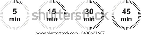 Timer 5, 15, 30, 45 min icon. Countdown minutes timer symbol. Vector Illustration