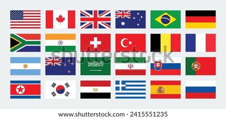 

Set of 24 countries national flag Vector Illustrations. USA, Australia, Belgium, France, Germany, Greece, Portugal, Slovakia,  Spain, Russia, India, Brazil, Argentina, New Zealand, Iran, Saudi Arab