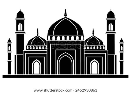 Capture the allure of Islamic architecture with this elegant vector illustration of a mosque silhouette against a white backdrop. With intricate details and a serene ambiance, experience the essence o