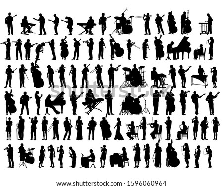 Jazz musicians with instruments on stage. Isolated silhouettes of people on a white background