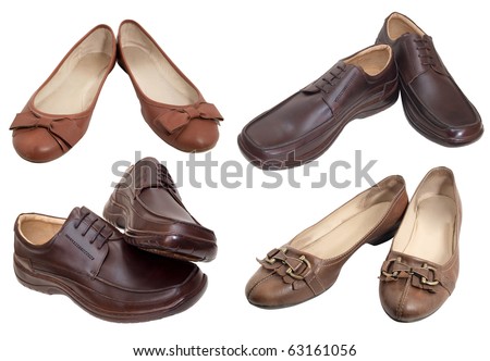 Color photograph of man and women\'s shoes. An isolated object on a white background
