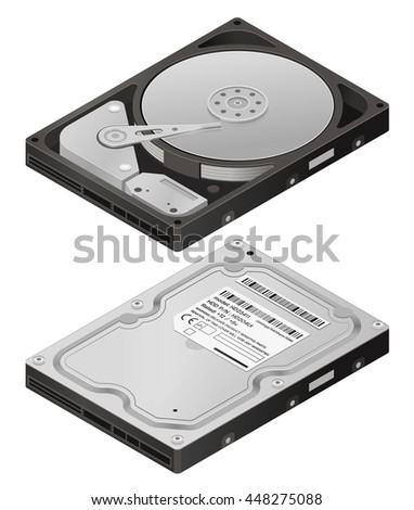 Opened hard disk drive / isometric vector illustration / highly detailed