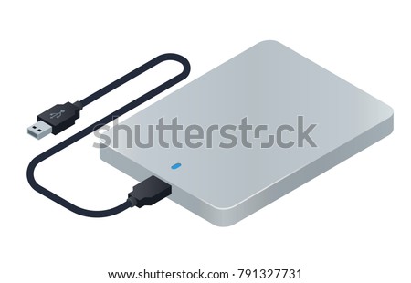 Isometric external hard drive. HDD with usb connector