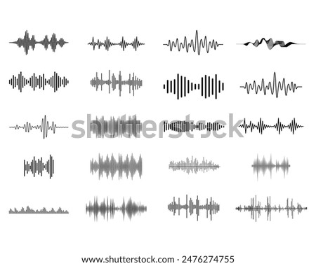 Collection of Black sound waves. Set Abstract music wave, radio signal frequency, and digital voice visualization, fully-editable vector EPS file.