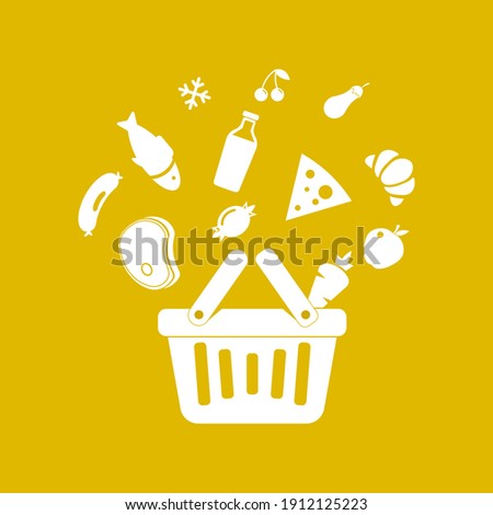 Full basket of food, grocery shopping, special offer, vector line icon design