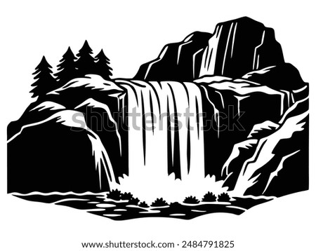 Waterfall Cascades Tumbling Down Rocky Cliffs Silhouette