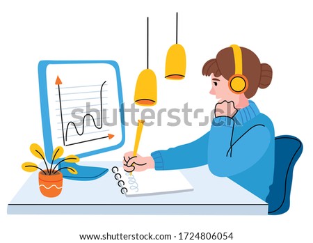 Girl in headphones sits in a modern office. Scandinavian style office. Online learning. Listen to music during workday concept.Education and knowledge modern technology concept.Distant education.