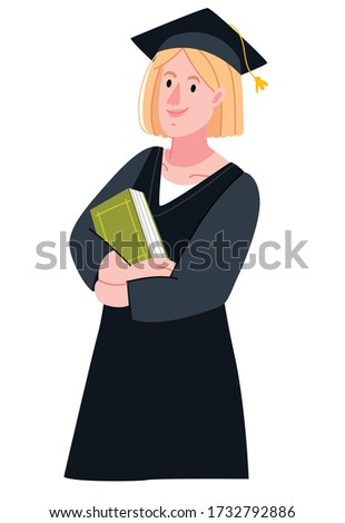 Cute girl student with books. Blond girl in modern clothes. Graduation Celebrates Graduation College School Degree Successful Concept. Flat cartoon vector illustration.