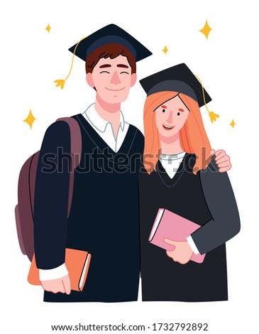 Students hugging. Brunette guy and redhead girl.Graduation Celebrates Graduation College School Degree Successful Concept.Flat cartoon vector illustration.