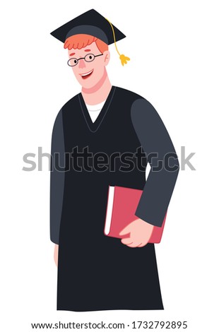 Red-haired student guy holds books.Graduation Celebrates Graduation College School Degree Successful Concept.Flat cartoon vector illustration.
