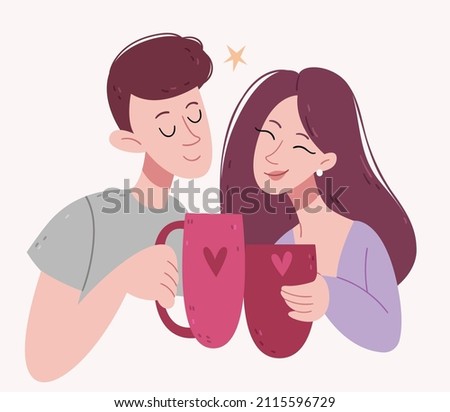 Loving couple drinking morning coffee. Large cups. Romance in pastel colors.