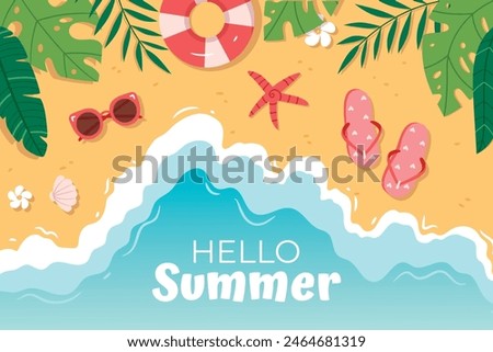 Vector summer beach with beach umbrellas, waves, coconut tree and  inflatable circle, flip-flops, glasses, seashells. Inscription hello summer.