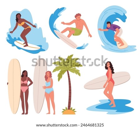 Surfer character.People in swimwear surfing in sea or ocean. Bundle of happy surfers in beachwear with surfboards isolated on white background. Colorful flat cartoon vector illustration.