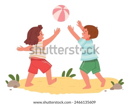 Children play volleyball on the beach.Happy kids having fun on sand coast on summer holidays.Flat vector illustration isolated on white background