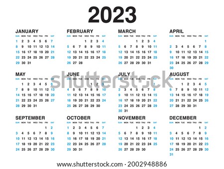 Calendar 2023 template vector, simple minimal design, Planner 2023 year, Wall calendar 2023 year, Week Starts Monday, Set of 12 calendar, advertisement, printing, stationery, holidays in blue colors