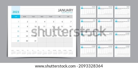 Monthly calendar template for 2023 year. Week Starts on Sunday. Wall calendar 2023 in a minimalist style. Set of 12 months. Desk calendar 2023. Planner. printing template. office organizer. vector