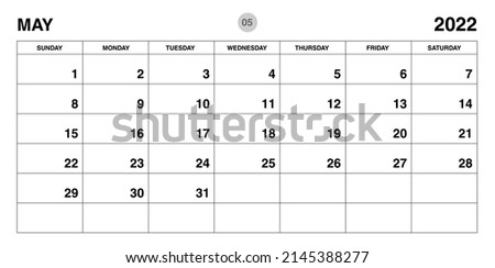 May 2022 year planner template, calendar 2022 template, monthly and yearly planners. organizer diary. week start Sunday, corporate planner template, Desk calendar 2022, Horizontal layout, vector Foto d'archivio © 
