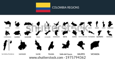 Map of Colombia regions set outline silhouette vector illustration
