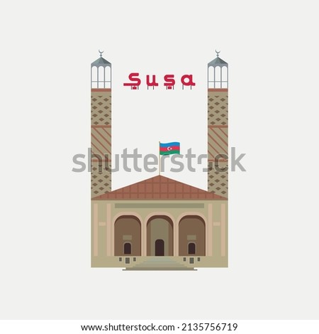 Shusha Ashagi Govhar aga mosque and Azerbaijan flag region Karabakh graphic element Illustration template design