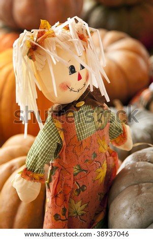An autumn,Thanksgiving, or Halloween October rag doll around pumpkins in the vertical format.