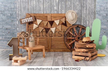 Cowboy first birthday Digital Background. Festive decoration for birthday. Cake Smash first year concept. Texas background. Decor in style of cowboy thematic photo session decoration of studio. Photo stock © 