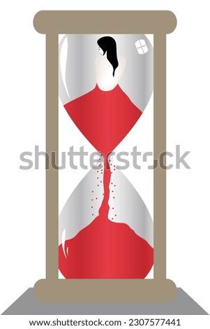 The red dress of a woman in the top of an hourglass flows into the bottom of the hourglass in a surreal illustration.