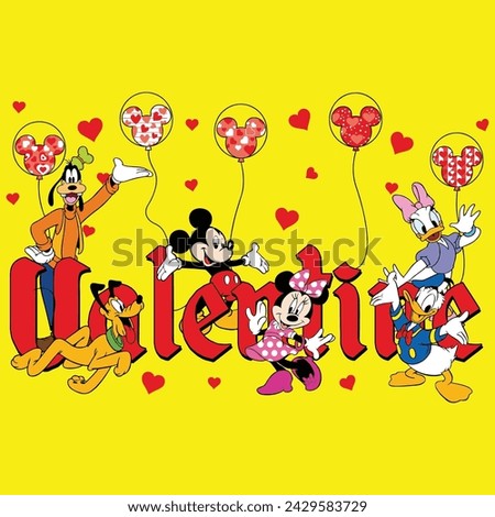 22 february 2024, solo, indonesia,Whimsical Walt Disney Characters in Pink Love: Mickey, Minnie, Goofy, Pluto, Donald Duck, Daisy Duck Illustration for Valentine's Day