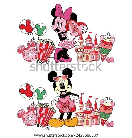 22 february 2024, solo, indonesia,Whimsical Walt Disney Characters: Mickey, Minnie, and Love-themed Valentine's Gift Design in Pink Happiness