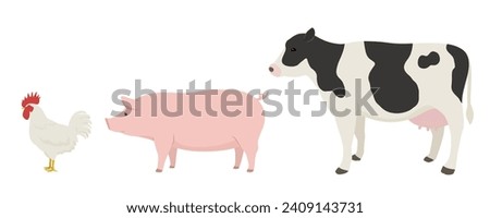 Illustration of chicken, pig, and cow