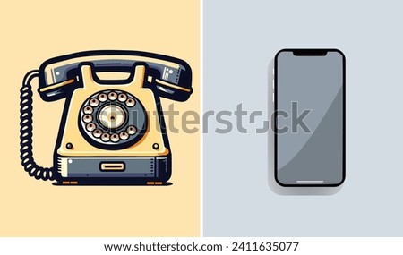 A vintage rotary phone and a modern smartphone are depicted side by side in this vector image, symbolizing the evolution of communication technology.