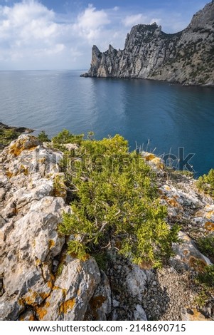 Landscape view of Karaul-Oba mountain and Blue bay in Crimea, New Light resort, Russian Federation 商業照片 © 