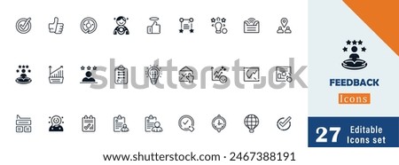 Set of line icons in linear style. Series - Feedback. Like, review and comment on Internet content. User opinion and survey. Outline icon collection. Conceptual pictogram and infographic.