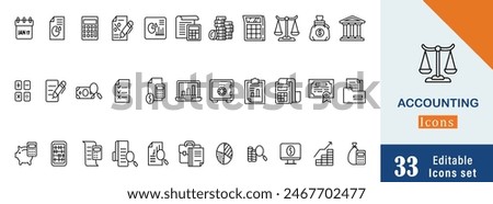 Accounting icon set. Containing financial statement, accountant, financial audit, invoice, tax calculator, business firm, tax return, income and balance sheet