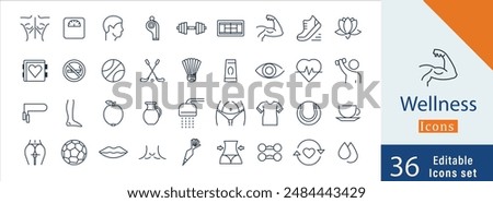 Wellness minimal thin line icons. Related healthy lifestyle, relaxation, exercise, fitness. Editable stroke. Vector illustration.