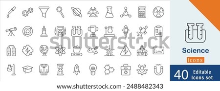 Set of 40 Scientific essential vector icons for discovery and exploration. containing telescope, atom model, DNA helix, laboratory burner, chemical reaction and more icons. simple outline icon.