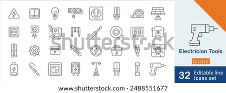 Electrical Essentials Vector Icons. containing electrical box, cable clips, screwdriver,  power drill, electrical panel and more icons. Trades and Repairs editable stroke icon