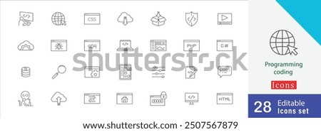 Programming coding editable stroke thin line icon set. containing software development, code, version control, repository and more line icons