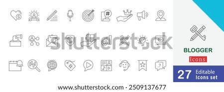 Set of Blogger line art symbols set. containing analysis, information, target, chat, digital marketing, content creation, communication, organizer and more icons collection