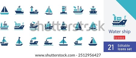 Water ship colored vector design icon set. maritime, nautical, vessel, boat, ferry,  fishing boat, submarine, navy ship and more illustration design