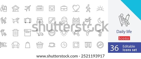 Daily life editable outline icon symbols. containing bed, dog, shower, gardening, learning, bath, relax, social, bedroom, sleep and more stroke icons