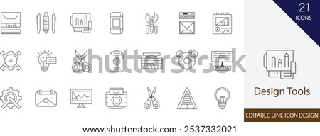 Design Tools thin line icon set. with typography, drawing, computer, pencil, brush, palette, canvas, sketch and more stroke icons