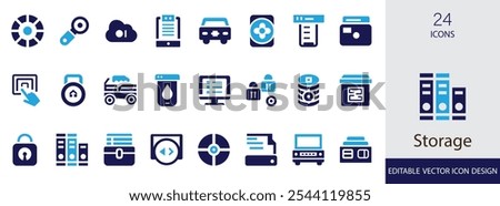 Storage vector illustration  icon set. containing rack, locker, vault, box, database, warehouse, server and more vector illustration