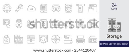 Storage thin line  icon set. containing rack, locker, vault, box, database, warehouse, server and more line  collection