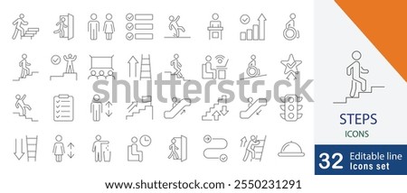 Steps thin line icon set. containing next step, achieve, progress,  step by step, floor, foot and more editable line icons