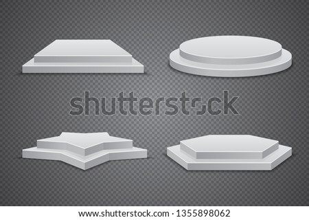 Set of white podiums of different shapes, vector pedestal template